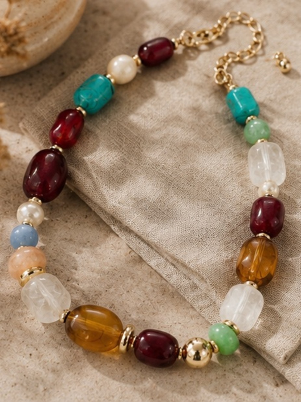 Colorful Beaded Statement Necklace | Gold Accent Boho Bib Necklace